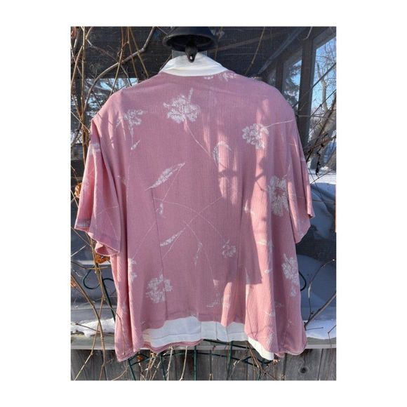 Vintage 90s Grannycore Twin Set Shirt Top Pink White Linen Blend Collared Volup - Picture 5 of 5